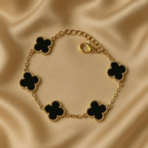 Gold Plated black Four-Leaf Clover Bracelet